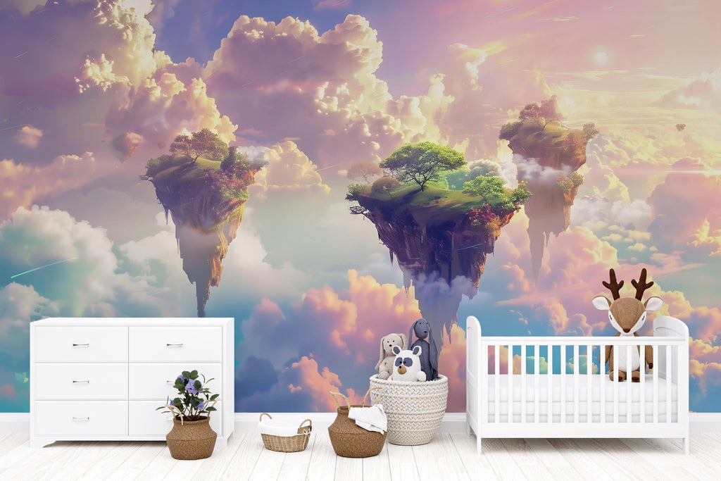 Fantasy Floating Island Wallpaper Mural, Surreal Sky Cloud Wall Art, Dreamy Kids Room Decor, Bold Modern 3D Wallpaper for Bedroom or Nursery