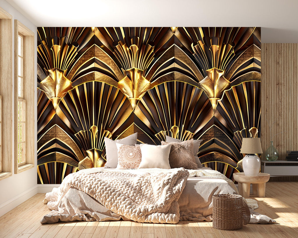 Luxury Gold Art Deco Wallpaper, 3D Geometric Wall Mural, Modern Glam Wall Decor, Stylish Bold Accent For Bedroom Living Room Office