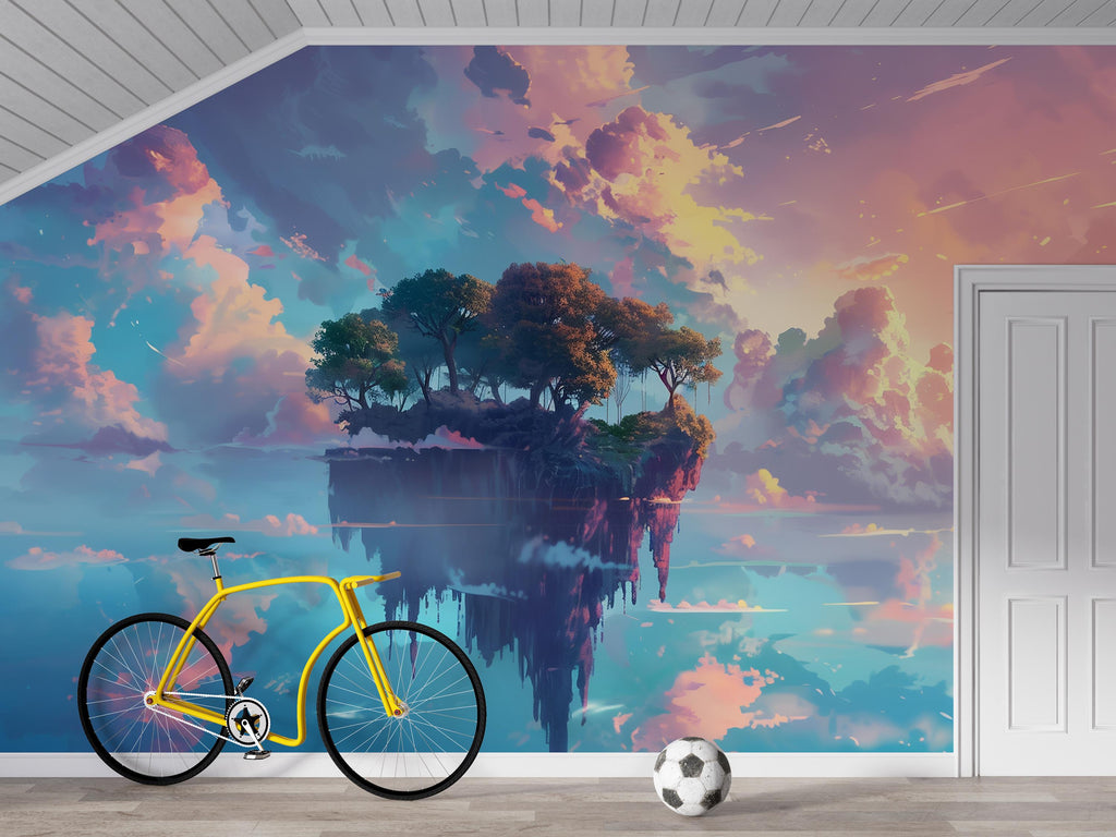 Floating Island Fantasy Wallpaper, Dreamy Sky Mural, Kids Room Wall Decor, Cloud Landscape Wall Art, Surreal 3D Wall Mural, Bold Modern Room