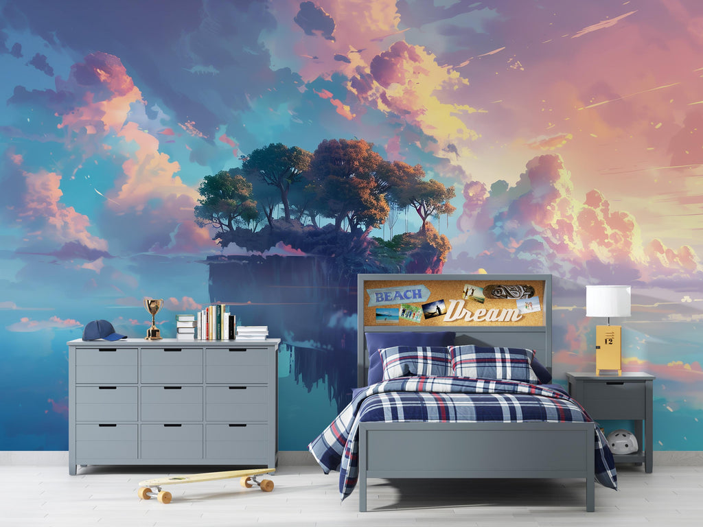 Floating Island Fantasy Wallpaper, Dreamy Sky Mural, Kids Room Wall Decor, Cloud Landscape Wall Art, Surreal 3D Wall Mural, Bold Modern Room