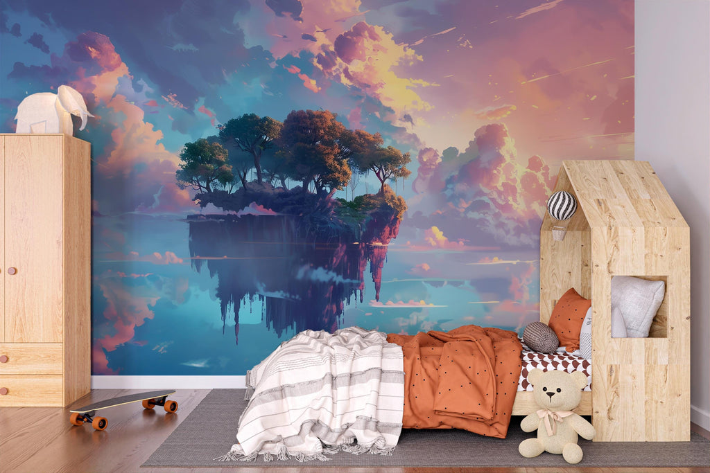 Floating Island Fantasy Wallpaper, Dreamy Sky Mural, Kids Room Wall Decor, Cloud Landscape Wall Art, Surreal 3D Wall Mural, Bold Modern Room