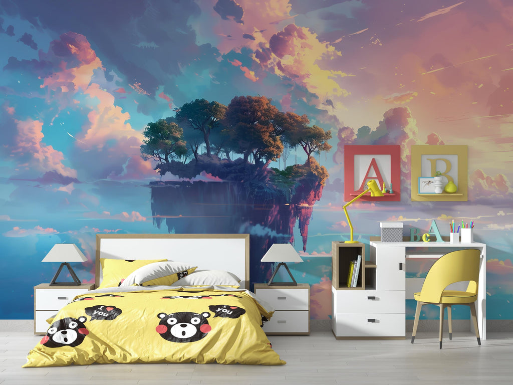 Floating Island Fantasy Wallpaper, Dreamy Sky Mural, Kids Room Wall Decor, Cloud Landscape Wall Art, Surreal 3D Wall Mural, Bold Modern Room
