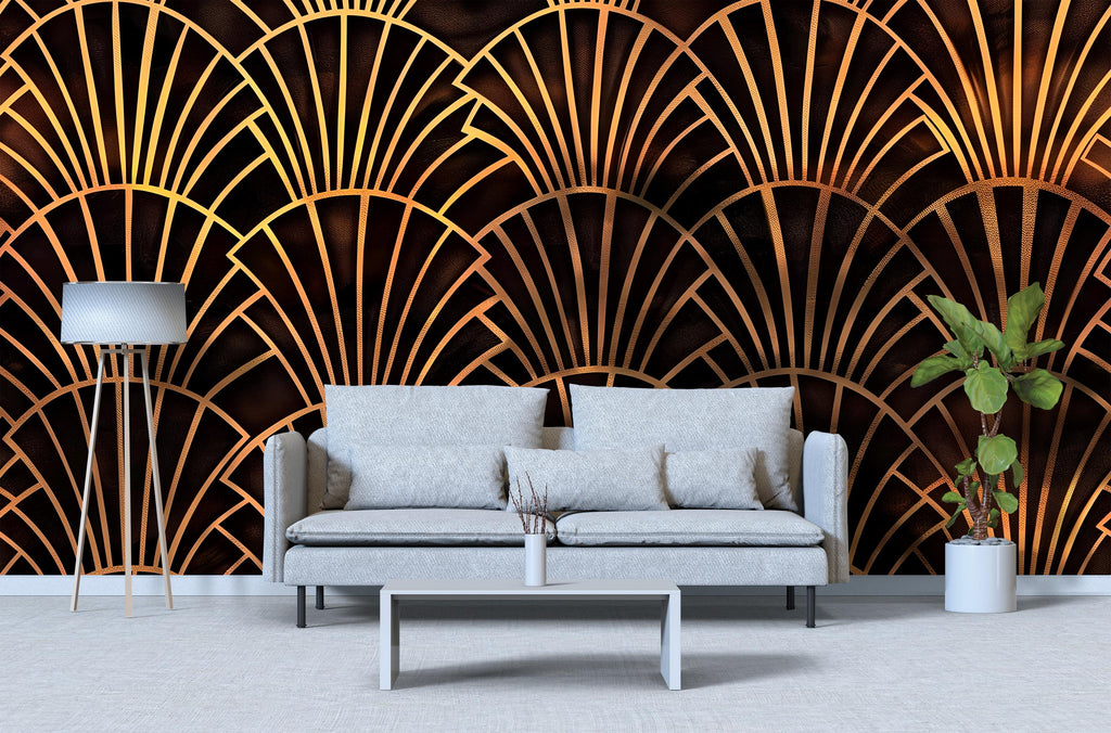 Art Deco Gold Fan Wallpaper, Glamorous Black and Gold Wall Mural, Modern Geometric Accent Wall, Stylish Peel and Stick Wall Decor