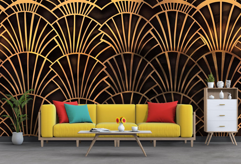 Art Deco Gold Fan Wallpaper, Glamorous Black and Gold Wall Mural, Modern Geometric Accent Wall, Stylish Peel and Stick Wall Decor