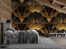 Load image into Gallery viewer, Art Deco Gold Fan Wallpaper, Black and Gold Glam Wall Mural, Modern Geometric Accent Wall Decor, Luxury Peel and Stick Stylish Room Wall