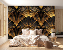 Load image into Gallery viewer, Art Deco Gold Fan Wallpaper, Black and Gold Glam Wall Mural, Modern Geometric Accent Wall Decor, Luxury Peel and Stick Stylish Room Wall