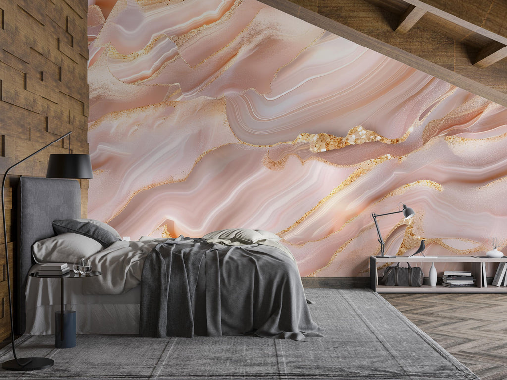 Blush Pink Marble Wallpaper, Gold Vein Wall Mural, Luxury Modern Bedroom Decor, Elegant Stone Design Peel and Stick Stylish Room Wallpaper