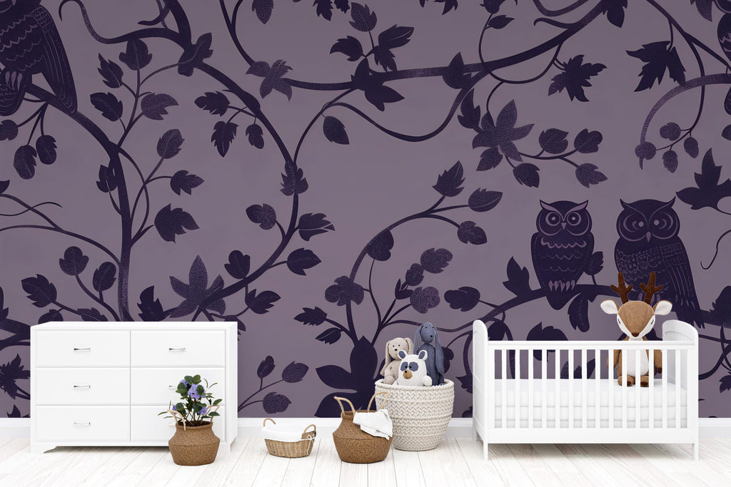 Purple Owl Wallpaper, Stylish Forest Vine Wall Mural, Bold Modern Nature Inspired Removable Peel And Stick Wallpaper For Bedroom, Nursery