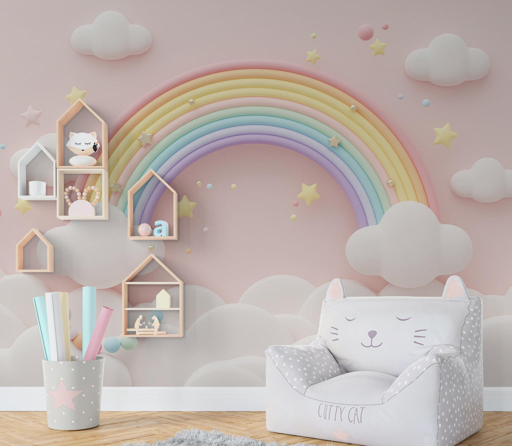 3D Rainbow Watercolor Cloud Wallpaper Stars Peel and Stick Girl room Wallpaper Nursery Self Adhesive Rainbow nursery decor Mural 952RS
