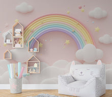 Load image into Gallery viewer, 3D Rainbow Watercolor Cloud Wallpaper Stars Peel and Stick Girl room Wallpaper Nursery Self Adhesive Rainbow nursery decor Mural 952RS