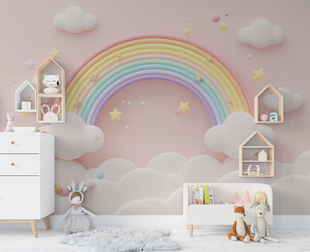 3D Rainbow Watercolor Cloud Wallpaper Stars Peel and Stick Girl room Wallpaper Nursery Self Adhesive Rainbow nursery decor Mural 952RS