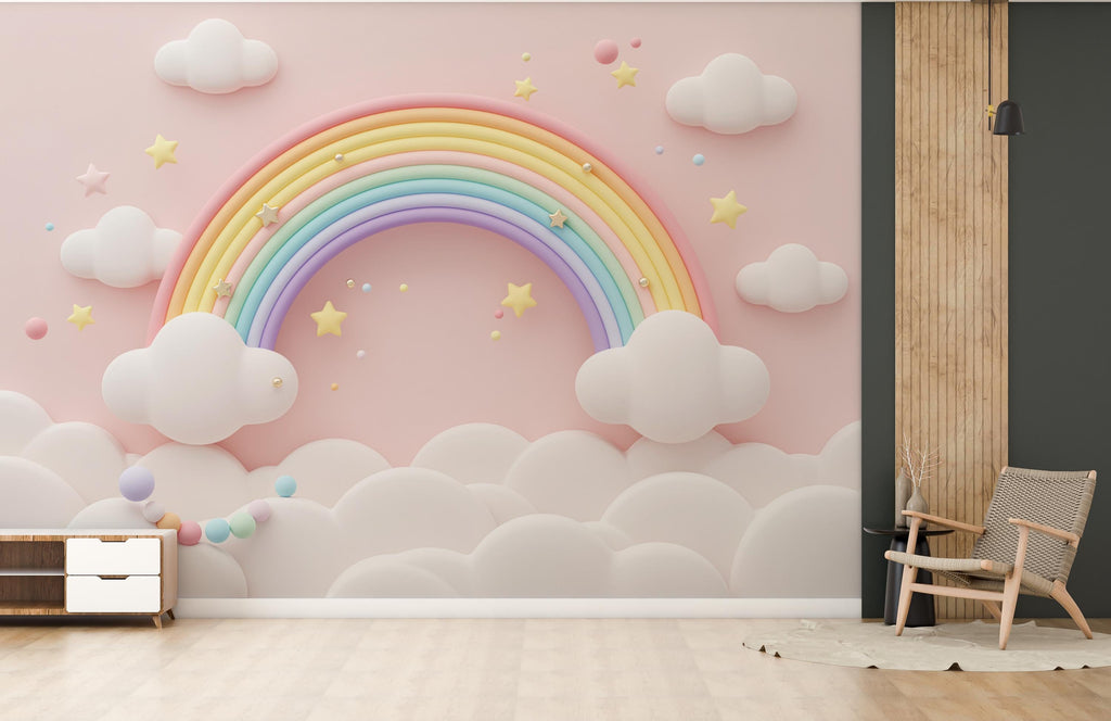 3D Rainbow Watercolor Cloud Wallpaper Stars Peel and Stick Girl room Wallpaper Nursery Self Adhesive Rainbow nursery decor Mural 952RS