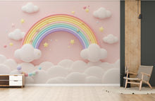 Load image into Gallery viewer, 3D Rainbow Watercolor Cloud Wallpaper Stars Peel and Stick Girl room Wallpaper Nursery Self Adhesive Rainbow nursery decor Mural 952RS