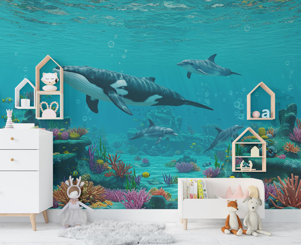 3D Underwater Wall Graphics Whale Peel and Stick Sea Turtle Coral room Wallpaper Nursery Self Adhesive nursery wall decor Mural 953RS