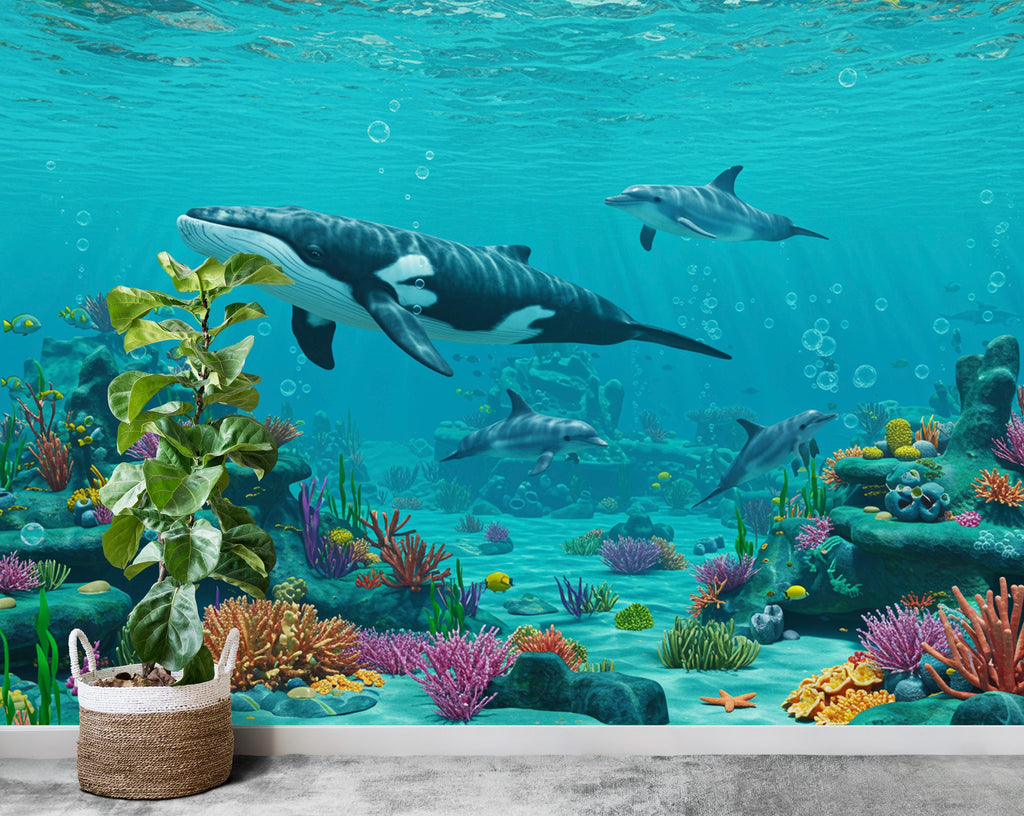3D Underwater Wall Graphics Whale Peel and Stick Sea Turtle Coral room Wallpaper Nursery Self Adhesive nursery wall decor Mural 953RS