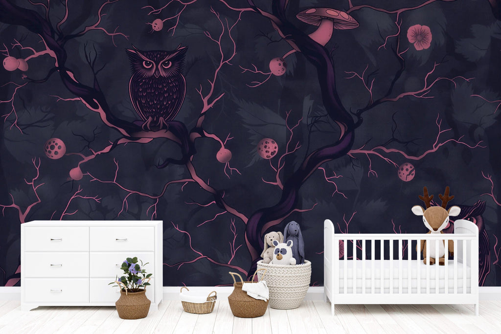 Dark Owl Forest Wallpaper, Bold Modern Night Woodland Wall Mural, Stylish Removable Peel And Stick Wallpaper For Nursery, Bedroom