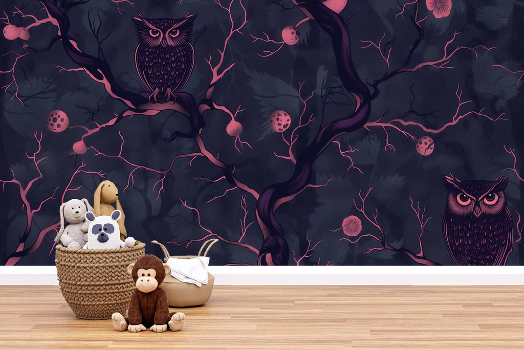 Dark Owl Forest Wallpaper, Bold Modern Night Woodland Wall Mural, Stylish Removable Peel And Stick Wallpaper For Nursery, Bedroom