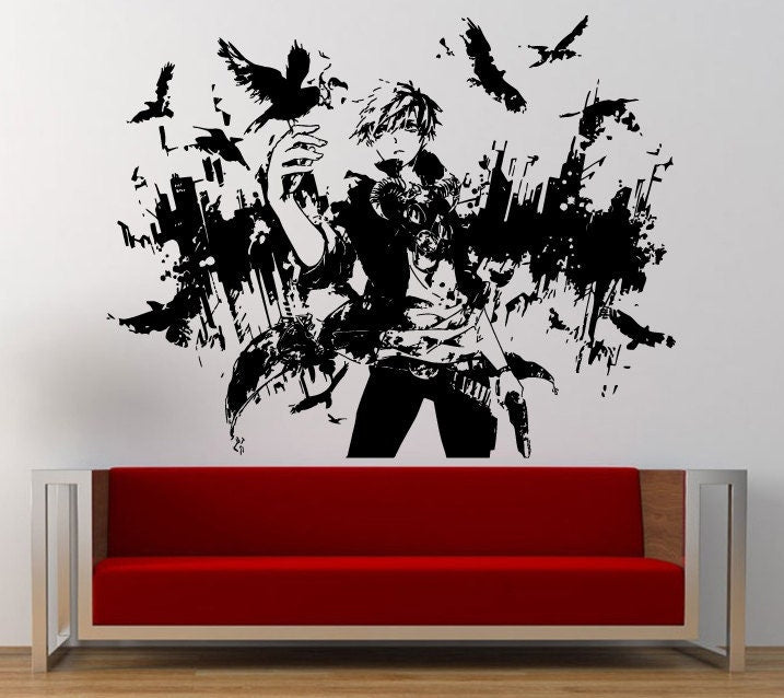 Night Crow Anime Male Boy City View Skyline Birds Wall Graphic Decal Sticker Vinyl Mural Leaving Bedroom Room Home Decor FREE SHIPPING L247