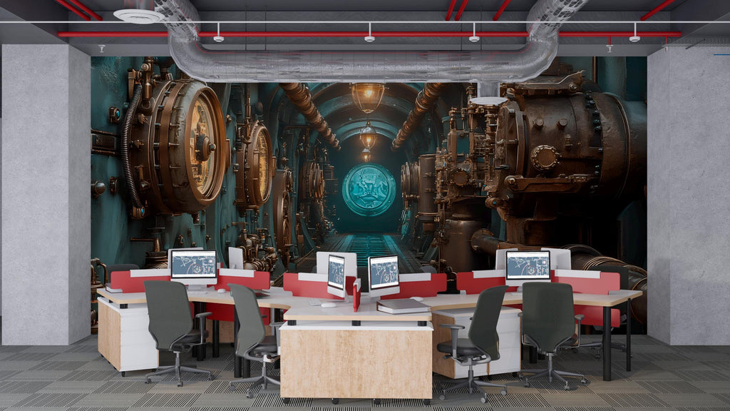 Steampunk Submarine Wallpaper, Bold Industrial Machine Wall Mural, Vintage Retro Sci Fi Peel And Stick Wallpaper For Office, Living Room