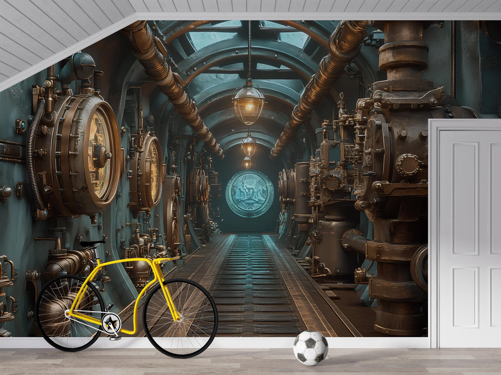 Steampunk Submarine Wallpaper, Bold Industrial Machine Wall Mural, Vintage Retro Sci Fi Peel And Stick Wallpaper For Office, Living Room