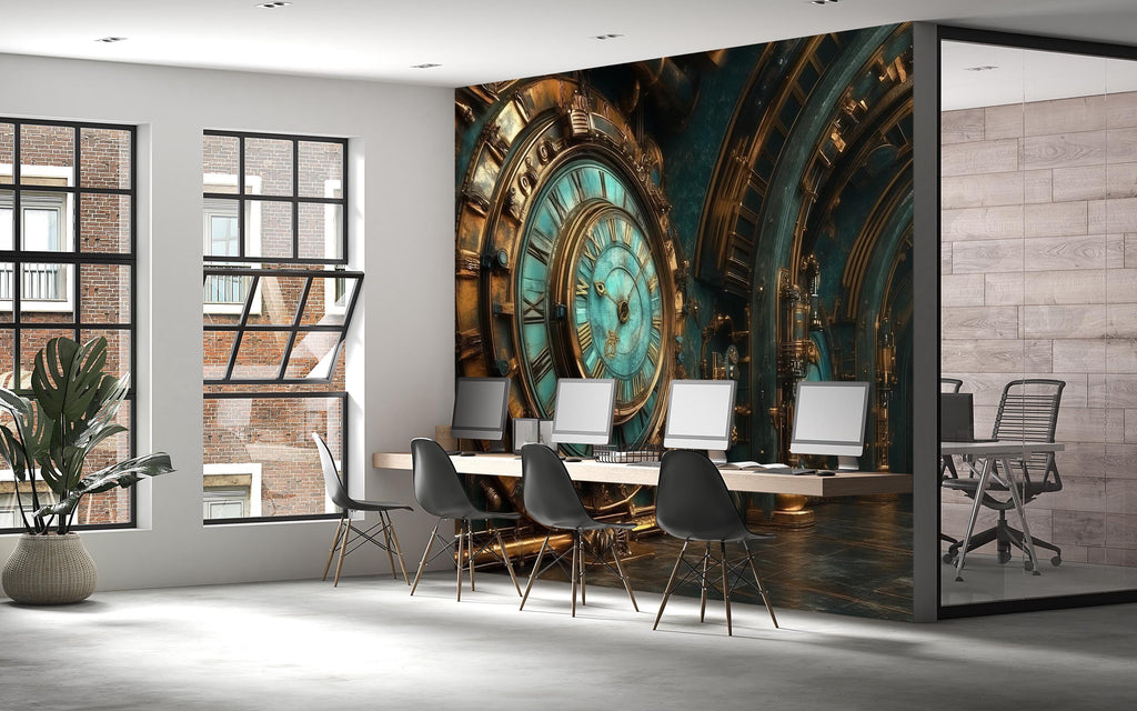Steampunk Clock Wallpaper, Vintage Industrial Gear Wall Mural, Bold Retro Sci Fi Peel And Stick Wallpaper For Bedroom, Office, Gaming Room