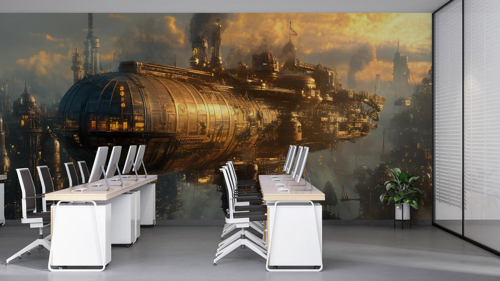 Steampunk Airship Wallpaper, Bold Sci Fi Fantasy Wall Mural, Industrial Retro Futuristic Peel And Stick Wallpaper For Bedroom, Nursery