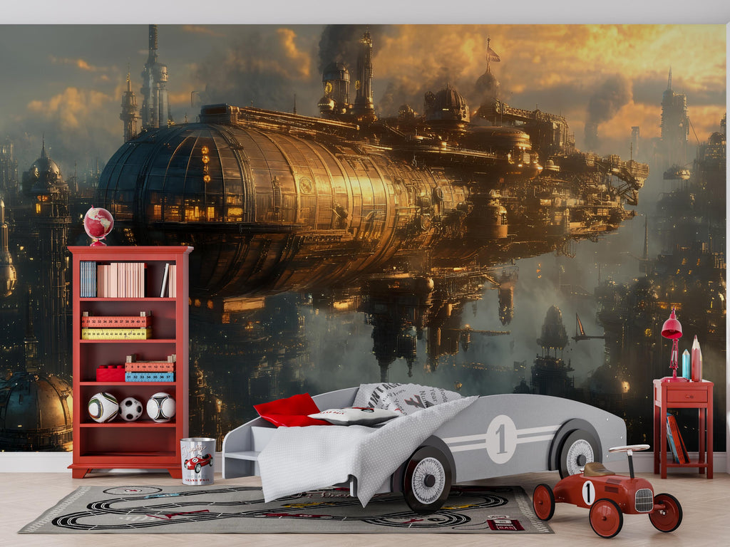 Steampunk Airship Wallpaper, Bold Sci Fi Fantasy Wall Mural, Industrial Retro Futuristic Peel And Stick Wallpaper For Bedroom, Nursery