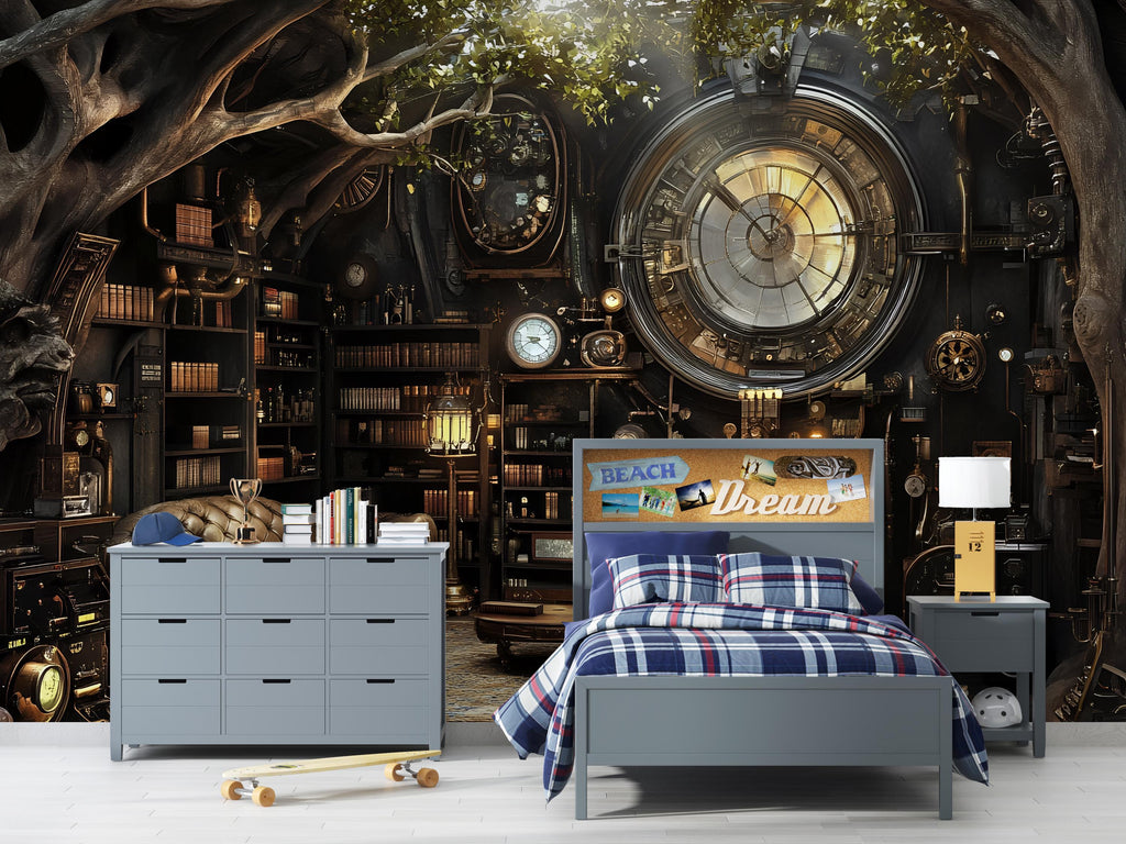 Steampunk Library Wallpaper, Bold Vintage Clock Wall Mural, Industrial Retro Peel And Stick Wallpaper For Bedroom, Loft, Office Or Stylish