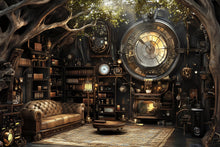 Load image into Gallery viewer, Steampunk Library Wallpaper, Bold Vintage Clock Wall Mural, Industrial Retro Peel And Stick Wallpaper For Bedroom, Loft, Office Or Stylish
