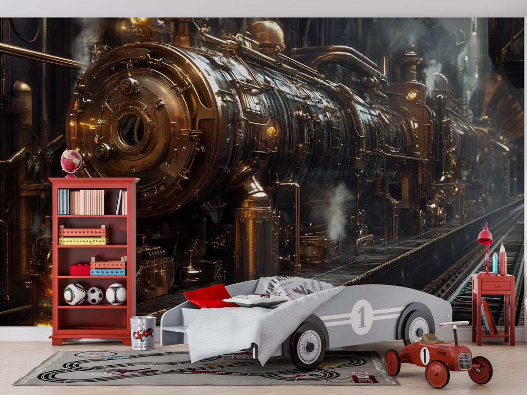 Steampunk Train Wallpaper, Bold Industrial Locomotive Wall Mural, Retro Sci Fi Peel And Stick Wallpaper For Office, Gaming Room, Loft