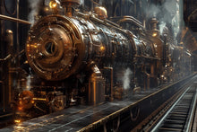 Load image into Gallery viewer, Steampunk Train Wallpaper, Bold Industrial Locomotive Wall Mural, Retro Sci Fi Peel And Stick Wallpaper For Office, Gaming Room, Loft