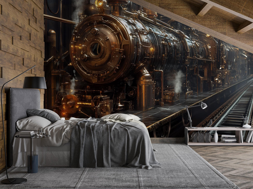 Steampunk Train Wallpaper, Bold Industrial Locomotive Wall Mural, Retro Sci Fi Peel And Stick Wallpaper For Office, Gaming Room, Loft