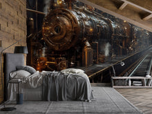 Load image into Gallery viewer, Steampunk Train Wallpaper, Bold Industrial Locomotive Wall Mural, Retro Sci Fi Peel And Stick Wallpaper For Office, Gaming Room, Loft