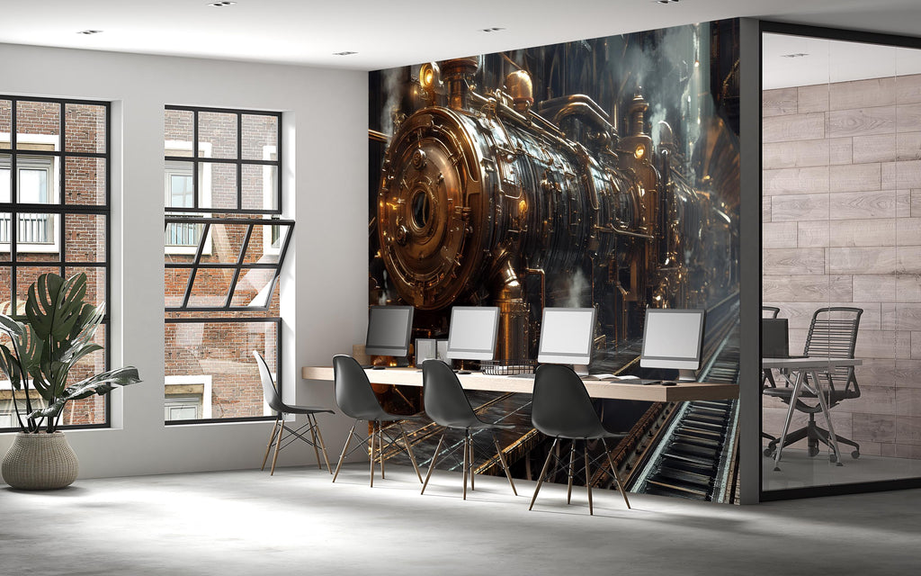 Steampunk Train Wallpaper, Bold Industrial Locomotive Wall Mural, Retro Sci Fi Peel And Stick Wallpaper For Office, Gaming Room, Loft