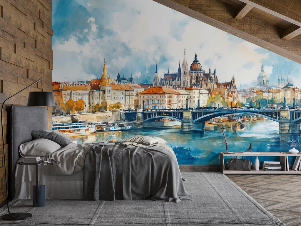 Budapest Parliament Wall Mural – Hungary Watercolor Cityscape Wallpaper Vn937
