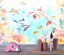 Load image into Gallery viewer, Colorful Dolphin Wall Mural – Ocean Underwater Kids Wallpaper with Fish &amp; Coral Vn985