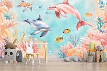 Load image into Gallery viewer, Colorful Dolphin Wall Mural – Ocean Underwater Kids Wallpaper with Fish &amp; Coral Vn985