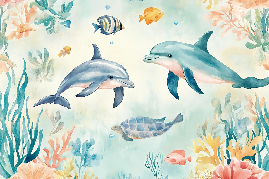 Dolphin Wall Mural – Underwater Ocean Nursery Wallpaper with Sea Turtle & Fish Vn988