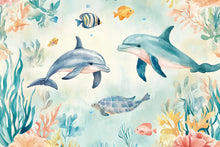 Load image into Gallery viewer, Dolphin Wall Mural – Underwater Ocean Nursery Wallpaper with Sea Turtle &amp; Fish Vn988