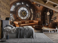 Load image into Gallery viewer, Steampunk Control Room Wallpaper, Bold Industrial Clock Wall Mural, Retro Sci Fi Peel And Stick Wallpaper For Office, Loft, Gaming Room