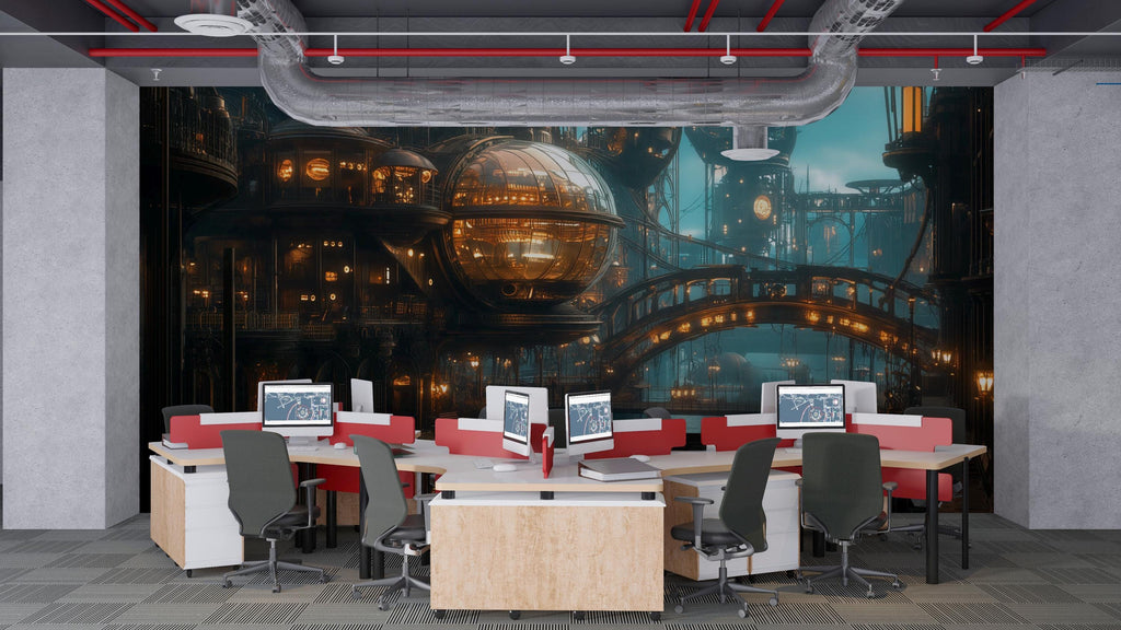 Steampunk City Wallpaper, Retro Futuristic Sci Fi Wall Mural, Bold Industrial Peel And Stick Wallpaper For Office, Loft, Gaming Room
