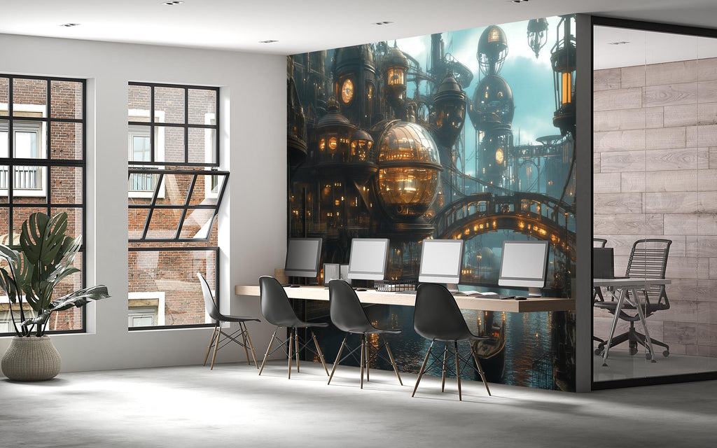 Steampunk City Wallpaper, Retro Futuristic Sci Fi Wall Mural, Bold Industrial Peel And Stick Wallpaper For Office, Loft, Gaming Room