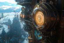 Load image into Gallery viewer, Steampunk Airship Clock Wallpaper, Bold Retro Futuristic Wall Mural, Industrial Sci Fi Peel And Stick Wallpaper For Bedroom, Nursery, Loft