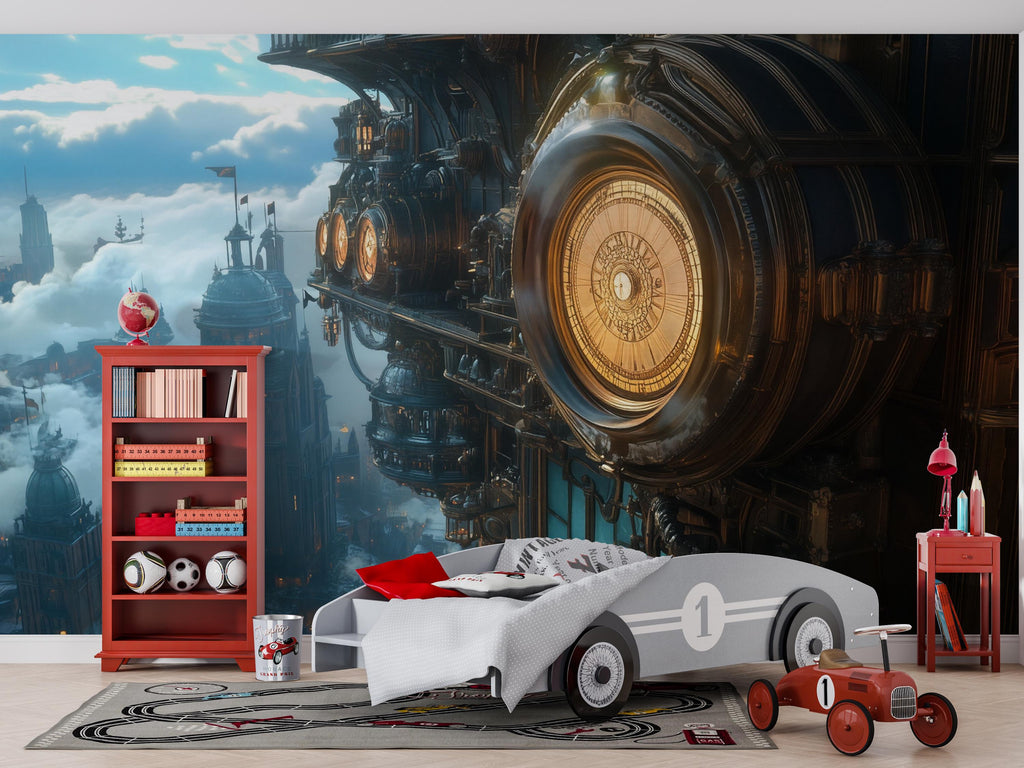 Steampunk Airship Clock Wallpaper, Bold Retro Futuristic Wall Mural, Industrial Sci Fi Peel And Stick Wallpaper For Bedroom, Nursery, Loft