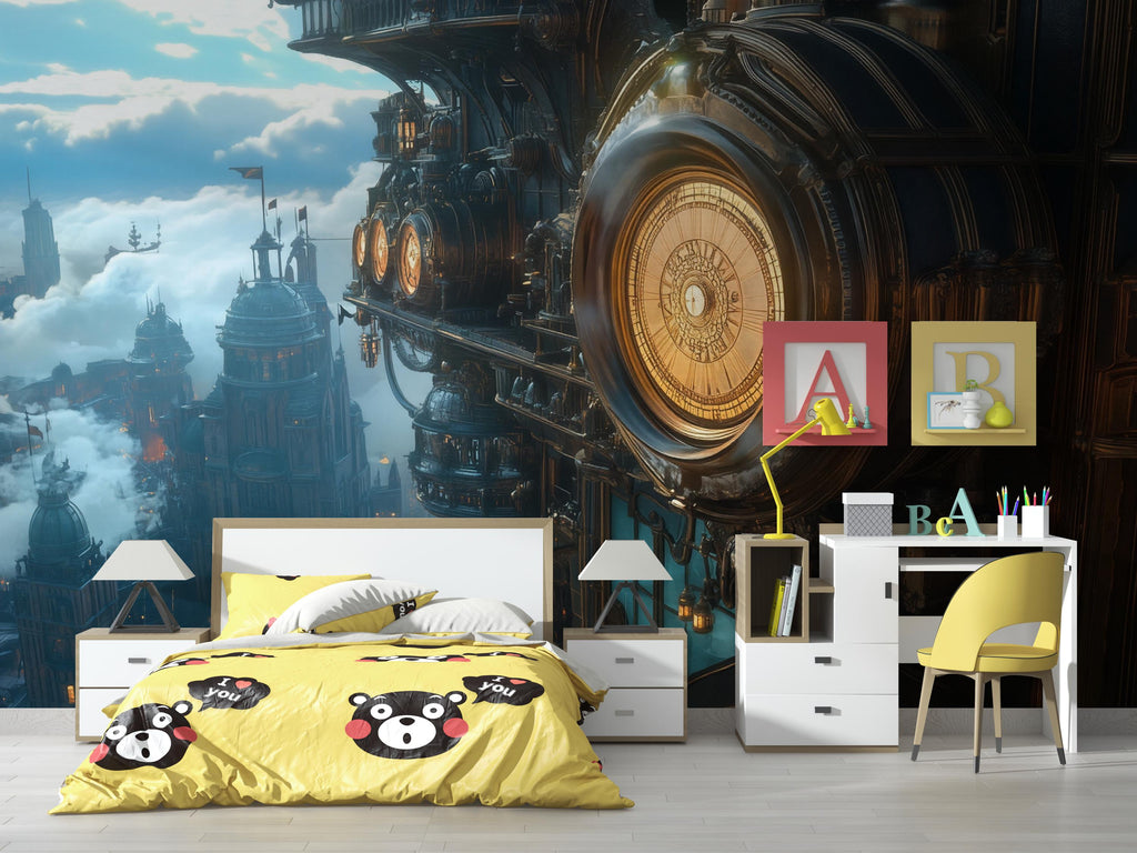 Steampunk Airship Clock Wallpaper, Bold Retro Futuristic Wall Mural, Industrial Sci Fi Peel And Stick Wallpaper For Bedroom, Nursery, Loft