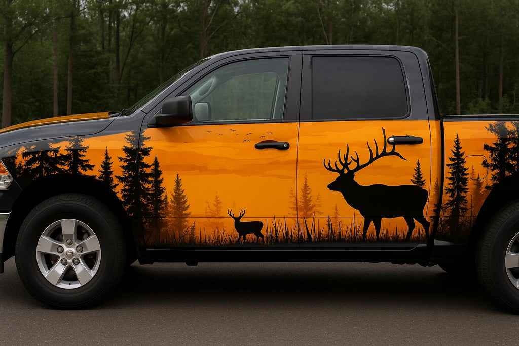 Forest Sunset Deer Car Wrap | Hunting Scene Vinyl Design | Nature Silhouette Vehicle Wrap | Outdoor Landscape Car Wrap
