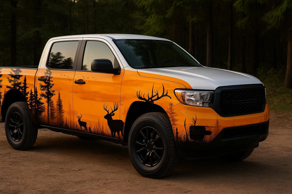 Forest Sunset Deer Car Wrap | Hunting Scene Vinyl Design | Nature Silhouette Vehicle Wrap | Outdoor Landscape Car Wrap
