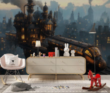 Load image into Gallery viewer, Steampunk Train Station Wallpaper, Retro Futuristic Wall Mural, Bold Industrial Sci Fi Peel And Stick Wallpaper For Bedroom, Loft, Gaming