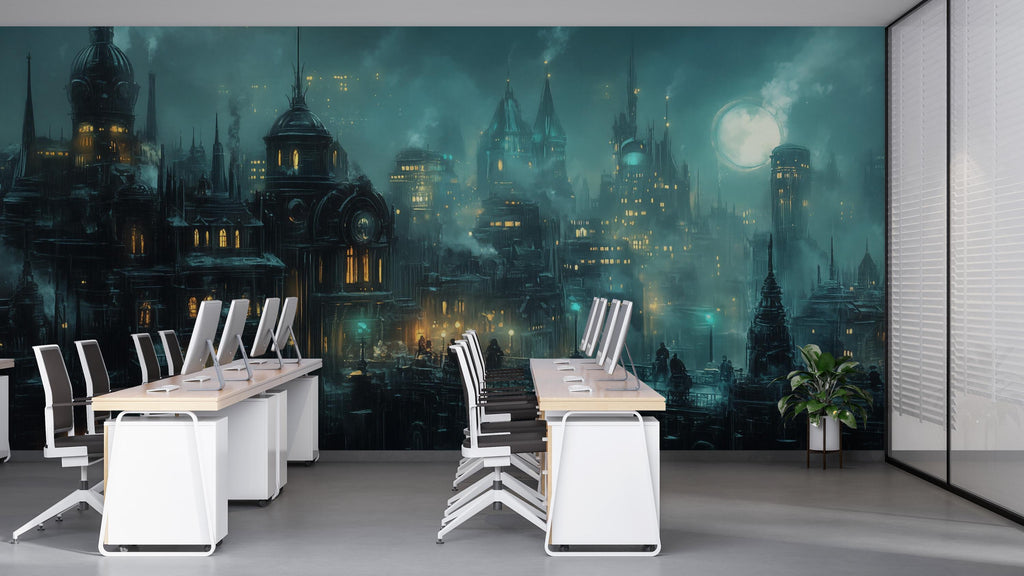 Steampunk Night City Wallpaper, Bold Retro Futuristic Wall Mural, Industrial Sci Fi Peel And Stick Wallpaper For Bedroom, Loft, Gaming Room