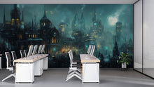Load image into Gallery viewer, Steampunk Night City Wallpaper, Bold Retro Futuristic Wall Mural, Industrial Sci Fi Peel And Stick Wallpaper For Bedroom, Loft, Gaming Room